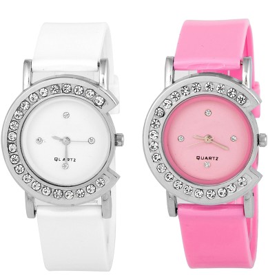 Keepkart White And Pink Stylish Studed Diamond Dial Attractive Woman Analouge Watch Watch  - For Girls   Watches  (Keepkart)