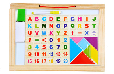 

Sanyal Kids Learning Two Sided Magnetic White & Blackboard With Tangram Educational Wooden Toy, Alphabets, Numbers, Signs & Shapes Tray with Picture, Medium Size(Multicolor)