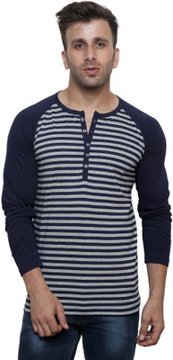 Leana Striped Men Round Neck Dark Blue, Grey T-Shirt