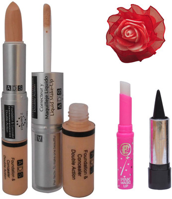 

ADS Foundation and Concealer (2 in 1), kajal, Pink Lip and Red Band(Set of 4)