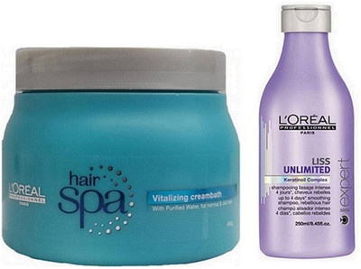 

L'Oreal Paris PROFESSIONNEL VITALIZING HAIR SPA 490G & LISS UNLIMITED SMOOTHING SHAMPOO 250ML(Set of 1)