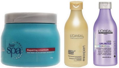 

L'Oreal Paris PROFESSIONNEL REPAIRING HAIR SPA WITH ABSOLUT & LISS UNLMITED SHAMPOOS(Set of 1)