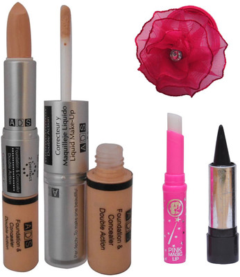 

ADS Foundation and Concealer (2 in 1), kajal, Pink Lip and Band(Set of 8)