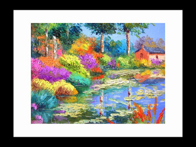 

ravgar A hut near the pond Oil Painting Canvas Painting Wall Art [16 x 20 inch] Framed Cotton Fine Grain Primed Canvas Board (Set of 1)(Multicolor)