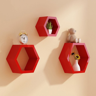 

Qesyas Hexagon Set of 3 wall shelf MDF Wall Shelf(Number of Shelves - 3, Red)