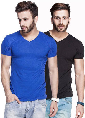 Himgiri International Solid Men V-Neck Dark Blue, Black T-Shirt