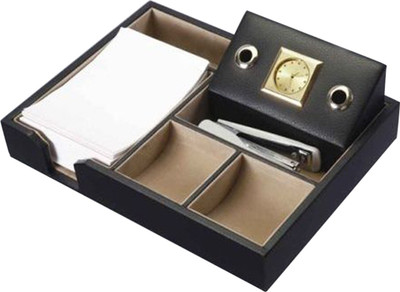 Leathers18 4 Compartments Leather Desk holder with clock(Black)