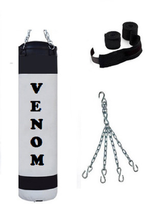 

Venom 2.0 Feet Long, PU Material, WHITE and BLACK Color, Unfilled with Chain & 9 Feet Black Color Hand Wraps Pair Hanging Bag(2.0, 24 kg)