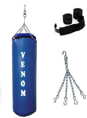 

Venom 3.5 Feet Long, SRF - STANDARD Material, BLUE Color, Unfilled with Chain & 9 Feet Long Black Color Hand Wraps Pair Hanging Bag(3.5, 42 kg)