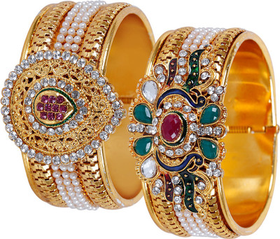 JEWELS GURU Alloy Pearl, Cubic Zirconia Gold-plated Bangle Set(Pack of 2)