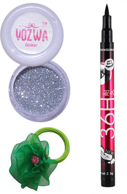 

VOZWA Silver Gilliter Powder, Eyeliner (Sketch Pen) and band.(Set of 3)