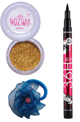 

VOZWA Golden Gilliter Powder, Eye Liner and band.(Set of 3)