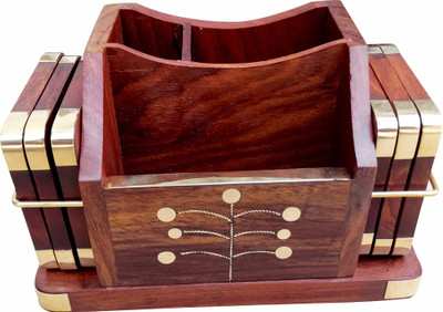 

TimberKart 3 Compartments Sheesham Wood, Hand Carved PEN & MOBILE Stand Cum COASTER & V.Card Holder Handicraft.(Brown)