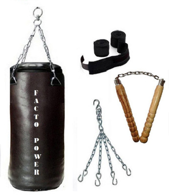 

Facto Power 3.0 Feet Long, SRF - STANDARD Material, Black Color, Unfilled with Hanging Chain with 9 Feet Long Black Color Hand Wraps Pair & Pair of Wooden Non Chaku Boxing Kit
