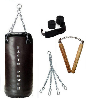 

FACTO POWER 2.0 Feet Long, SRF - STANDARD Material, Black Color, Unfilled with Hanging Chain with 9 Feet Long Black Color Hand Wraps Pair & Pair of Wooden Non Chaku Boxing Kit