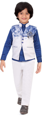 

Jeet Waistcoat Suit Set Self Design Boys Suit, White