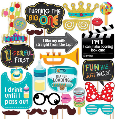 PARTY PROPZ 1ST BIRTHDAY DECORATION/PHOTOBOOTH PACK OF 23 PROPS/1ST BIRTHDAY PARTY SUPPLIES Photo Booth Board(Birthday, Party)