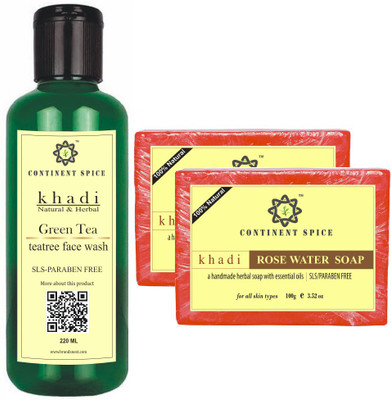 

Continent Spice KHADI NATURAL & HERBAL GREEN TEA & TEA-TREE FACE WASH 220 ML WITH ROSE WATER SOAP 200 GM - CS682005(Set of 2)