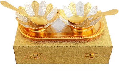 Adiidev Adiidev brass silver and gold plated kamal bowl set with serving spoons and serving trays for using guest,dinner set,serving sets. Pack of 5 Dinner Set(Brass) available at flipkart for Rs.748