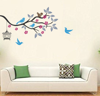 Asmi Collections 120 cm Beautiful Cage Birds Squirrel on a Tree Branch Removable Sticker(Pack of 1)