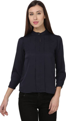 CREPE Casual 3/4 Sleeve Solid Women Black Top