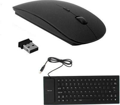 

ROQ Silicone Rubber Waterproof Flexible Wired USB With Slim Wireless Mouse Wired USB Multi-device Keyboard(Black)