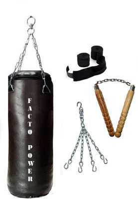 

FACTO POWER 8.0 Feet Long, SRF - STANDARD Material, Black Color, Unfilled with Hanging Chain with 9 Feet Long Black Color Hand Wraps Pair & Pair of Wooden Non Chaku Boxing Kit