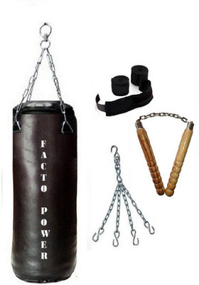 

FACTO POWER 6.0 Feet Long, SRF - STANDARD Material, Black Color, Unfilled with Hanging Chain with 9 Feet Long Black Color Hand Wraps Pair & Pair of Wooden Non Chaku Boxing Kit
