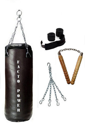 

FACTO POWER 6.5 Feet Long, SRF - STANDARD Material, Black Color, Unfilled with Hanging Chain with 9 Feet Long Black Color Hand Wraps Pair & Pair of Wooden Non Chaku Boxing Kit
