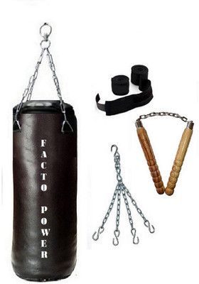 

Facto Power 5.5 Feet Long, SRF - STANDARD Material, Black Color, Unfilled with Hanging Chain with 9 Feet Long Black Color Hand Wraps Pair & Pair of Wooden Non Chaku Boxing Kit