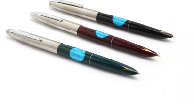 Ledos Hero 329 Model Classic Steel Cap Black, Maroon, Green Color Fine Nib Fountain Pen(Pack of 3, Ink Color - pump mechanism)