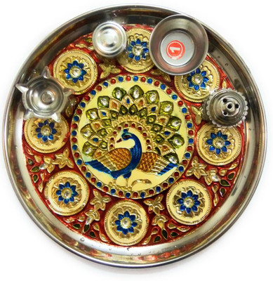 HOUZZPLUS handicraft handmade pooja thali with kumkum box incense stick holder and diya holder Aluminium Pooja & Thali Set(1 Pieces, Multicolor) available at flipkart for Rs.339