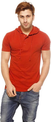 GEUM Solid Men Hooded Red T-Shirt