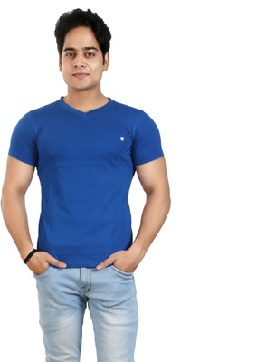 AWACK Solid Men V-Neck Blue T-Shirt