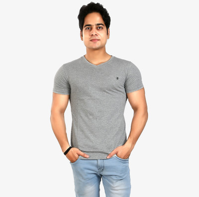 AWACK Solid Men V-Neck Grey T-Shirt