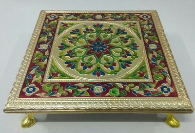 

RAG festival decor /Aluminium golden meenkari metal leg bajot / chowki / chorang / pooja bajot / gift article / festival decor / antique wear / traditional items / puja item / RAG - 10x10 golden mina metal leg bajot Wooden Pooja Chowki(Multicolor, Pack of