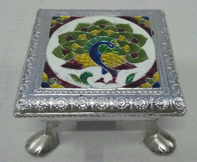 

RAG chowki / pooja bajot / Aluminium Silver meenkari metal leg bajot / chorang / gift article / festival decor / antique wear / traditional items / puja item / RAG - 4"x4" alu silver mina metal leg bajot Wooden Pooja Chowki(Multicolor, Pack of 01)