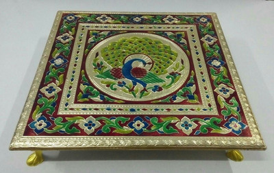 

RAG Aluminium golden meenkari metal leg bajot / chowki / chorang / pooja bajot / gift article / festival decor / antique wear / traditional items / puja item / RAG - 12x12 golden mina metal leg bajot Wooden Pooja Chowki(Multicolor, Pack of 01)