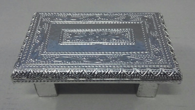 

RAG pooja article / gift article / Aluminium Silver Patla / Chowki / Chorang / puja items /festival items / unique art / RAG - 4"x6" silver patli Wooden Pooja Chowki(Multicolor, Pack of 01)