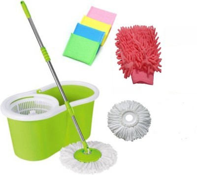 

Zido Easy to Clean 360 degree rotating mop with 2 mop heads, 4 Scrubbers and 1 multipurpose cleaning glove Mop Set