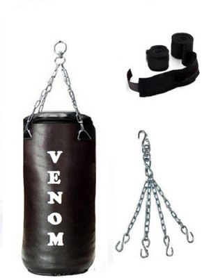 

Venom 3.5 Feet Long, SRF - STANDARD Material, BLACK Color, Unfilled with Chain & 9 Feet Long Black Color Hand Wraps Pair Hanging Bag(3.5, 42 kg)