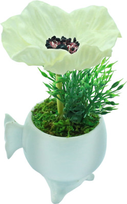 Importwala White Poppy Artificial Flower with Pot(5 inch, Pack of 1)
