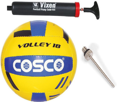 

Cosco Combo of 3 , 1 Volley 18, 1 Vixen Pump, And Needle. Volleyball - Size: (Pack of 1, Multicolor, Yellow & blue