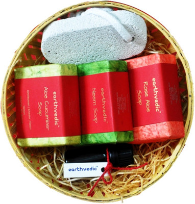 

Earthvedic Gift Set Of Handmade Soaps ( Rose Aloe + Aloe Cucumber+ Neem + 10ml Essential Oil) Combo Set(Set of 5)