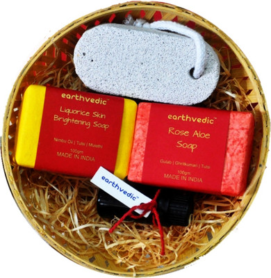 

Earthvedic Gift Set Of Handmade Soaps( Rose Aloe+ Liquorice+ 10ml Essential Oil) Combo Set(Set of 4)