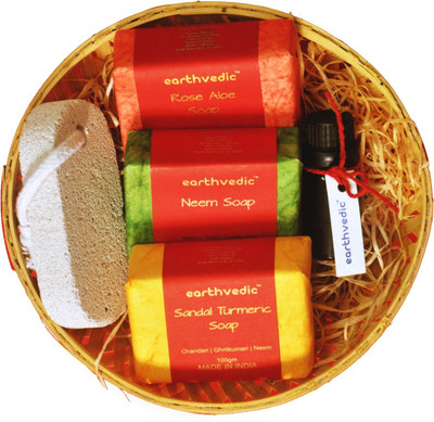 

Earthvedic Gift Set Of Handmade Soaps( Rose Aloe + Sandal Turmeric+ Neem + 10ml Essential Oil) Combo Set(Set of 5)