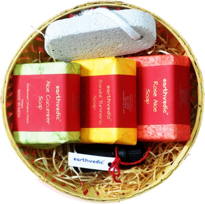 

Earthvedic Gift Set Of Handmade Soaps( Rose Aloe + Sandal Turmeric+ Aloe Cucumber+ 10ml Essential Oil) Combo Set(Set of 5)