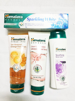 

Himalaya Clear Complexion whitening face Scrub, Tan Removal Orange Face Wash, Soothing Boy Lotion, Toothpaste(Set of)