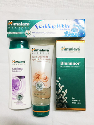 

Himalaya Soothing Body Lotion, Deep Cleansing Apricot Face Wash, Bleminor Anti Blemish Cream, Toothpaste(Set of)