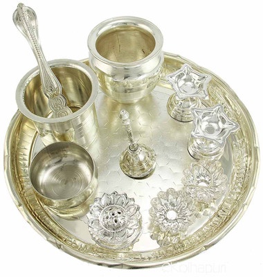 

eKolhapuri ekolhapuri Silver Plated Pooja Thali/Aarti Set(10 Items-1Pooja Thali,1Ghanti/Bells,1Agardaan,2Diyas,1Haldi KumKum Set,1panchamrut Set,2Katoris) Silver Plated(1 Pieces, Silver)